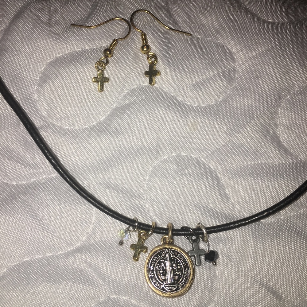 Cross charm necklace on leather cord w/earrings